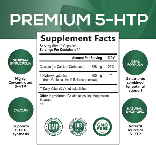 5 Htp Supplement Capsules 200 Mg 5Htp Plus Calcium For Brain Mood And Sleep Support - Extra Strength 5-Htp Formula - 5 Hydroxytryptophan - Natural, Vegetarian, Gluten Free & Non-Gmo - 60 Count