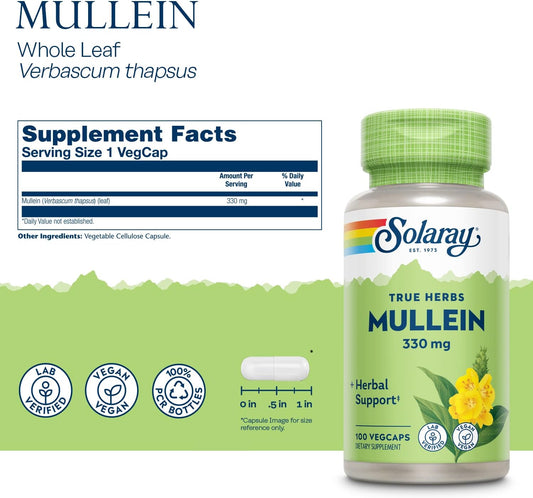 Solaray Mullein Leaf, Herbal Support For Healthy Respiratory And Bronchial Function 330Mg, Vegan, 100 Servings, 100 Vegcaps (Pack Of 2)