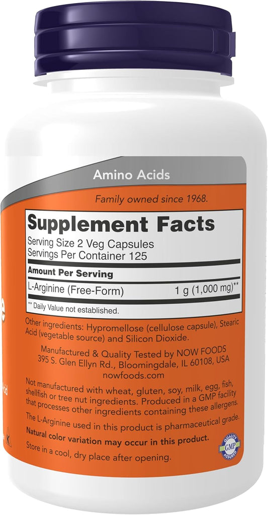 Now Foods Supplements, L-Arginine 500 Mg, Nitric Oxide Precursor*, Amino Acid, 250 Veg Capsules