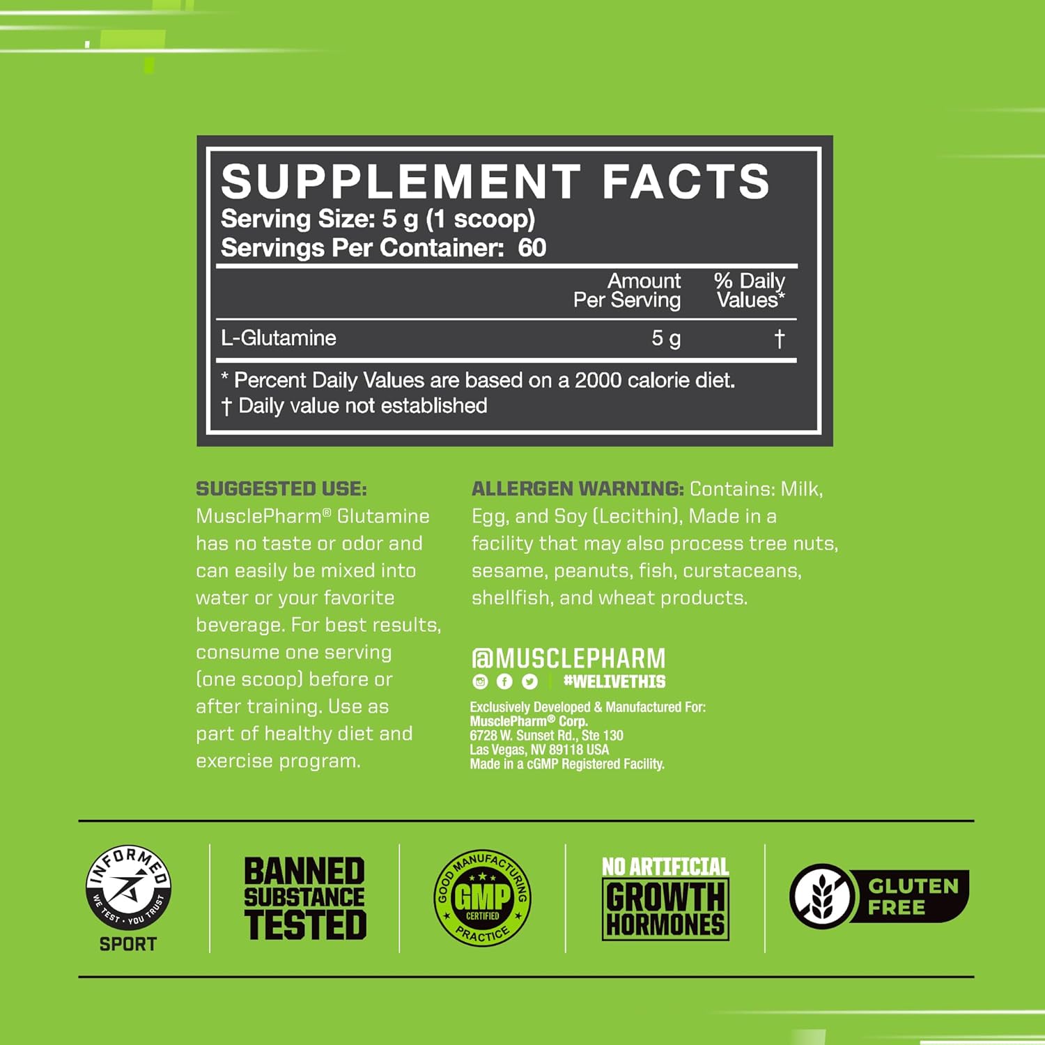 Musclepharm Glutamine, Pure L-Glutamine Powder Supplement For Post Workout Muscle Recovery, Energy & Gut Health, 5G L Glutamine Powder Per Serving, Gluten-Free, Unflavored, 60 Servings : Health & Household