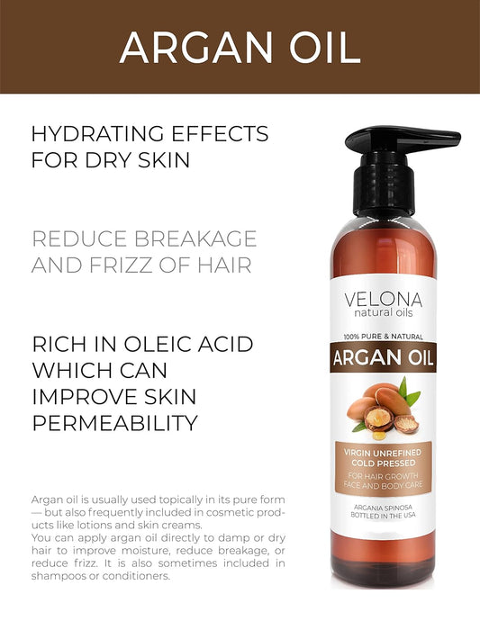 velona Argan Oil - 8 oz | Morocco Oil | Stimulate Hair Growth, Skin, Body and Face Care | Nails Protector | Unrefined, Cold Pressed | Cap Kit
