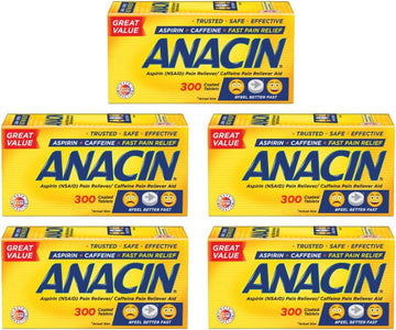 Anacin Fast Pain Relief Pain Reducer Aspirin Tablets, 300 Tablets, (Pack Of 5)
