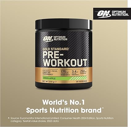 Optimum Nutrition Gold Standard Pre Workout Powder, Energy Drink With Creatine Monohydrate, Beta Alanine, Caffeine And Vitamin B Complex, Nutrition Supplement, Green Apple Flavour, 30 Servings, 330 G