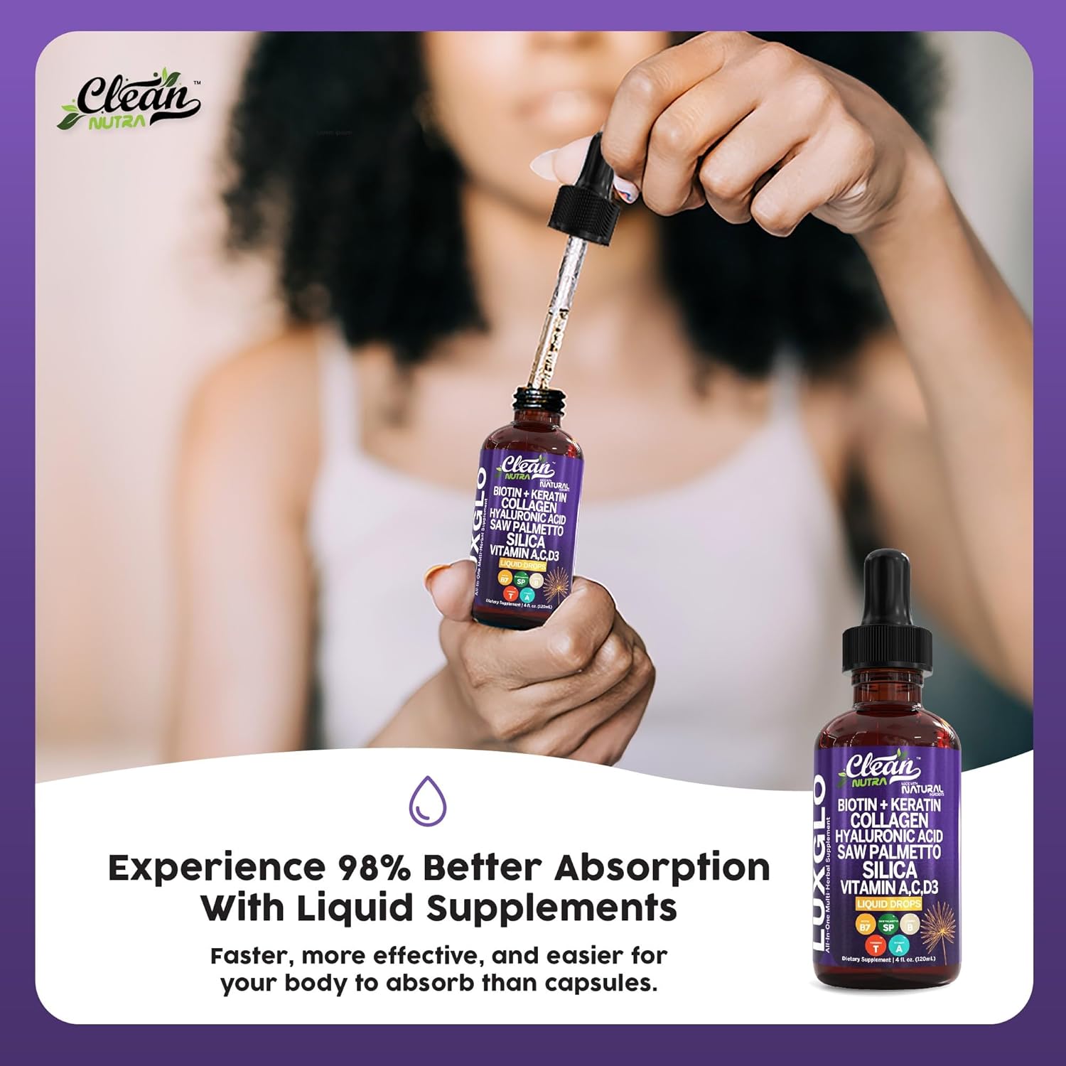 Biotin Liquid Drops Collagen Keratin Hyaluronic Acid Saw Palmetto For Hair Skin And Nails Silica Vitamin A C Vitamin D Bamboo Turmeric Zinc Folate Magnesium Horsetail Luxglo By Clean Nutra : Health & Household