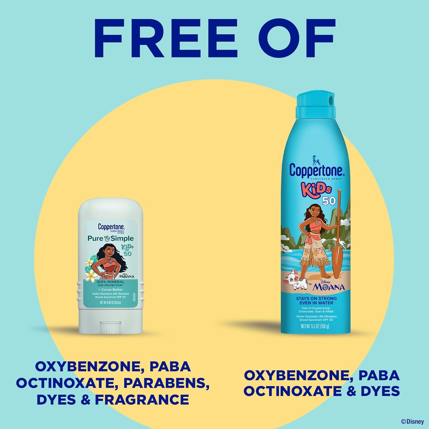 Coppertone Kids Exclusive Disney Moana Sunscreen Spray Spf 50 (5 Oz) + Coppertone Pure And Simple Kids Mineral Sunscreen Stick Spf 50 (0.49 Oz), Water Resistant, Oxybenzone And Octinoxate Free : Baby