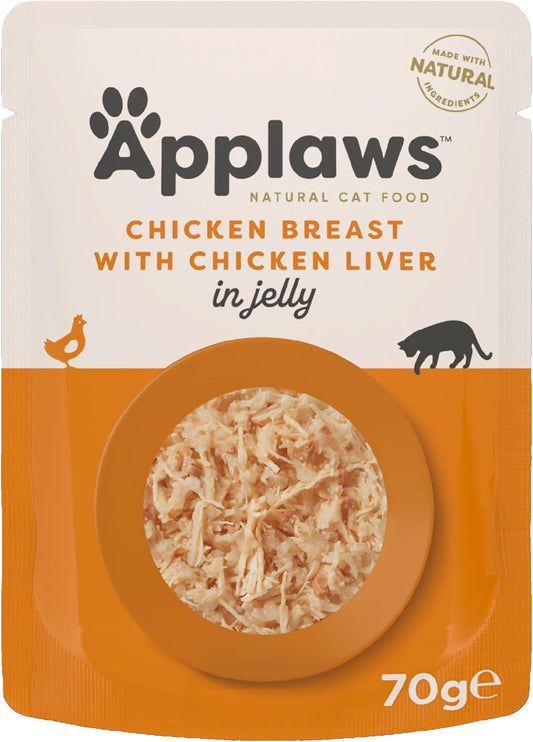 Applaws Natural Wet Adult Cat Food, Chicken With Chicken Liver In Jelly, 70G Pouch (Pack Of 16 Pouches)8251Ml-A