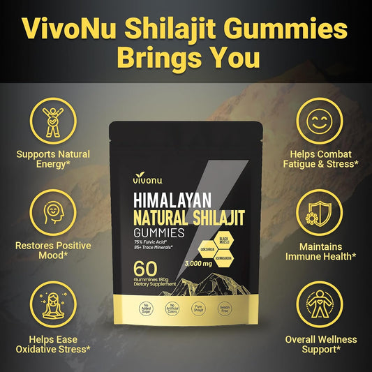 Shilajit Gummies, Shilajit Micronutrient Supplement, Himalayan Premium Ingredient Shilajit - Ashwagandha, Gokshura, Fulvic Acid & 85+ Trace Minerals I For Men, Women I Non-Gmo I 100% Natural & Organic