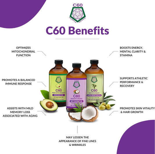 C60 Power - Mct 2-Oz.- Organic Mct Coconut Oil, 2 Fl Oz, 99.99% Pure Carbon Fullerenes, Lift Oxidative Burden, Optimize Mitochondrial Function