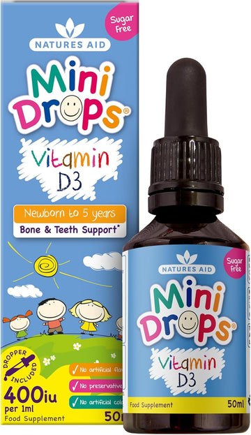 Natures Aid Mini Drops Vitamin D3 50Ml For Infants & Kids - Bone, Teeth, Health & Immune System Support - Sugar Free, Vegan, Gluten-Free, Non-Gmo - Growth Support For Children Age 0-5 Dropper Included