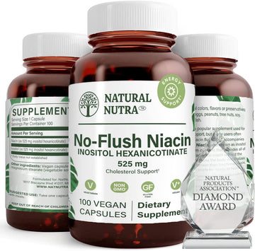 Natural Nutra No Flush Niacin, Vitamin B3 Supplement, Helps Heart Health, Promotes Skin Texture, Helps Boost Energy Level 525 Mg, 100 Capsules