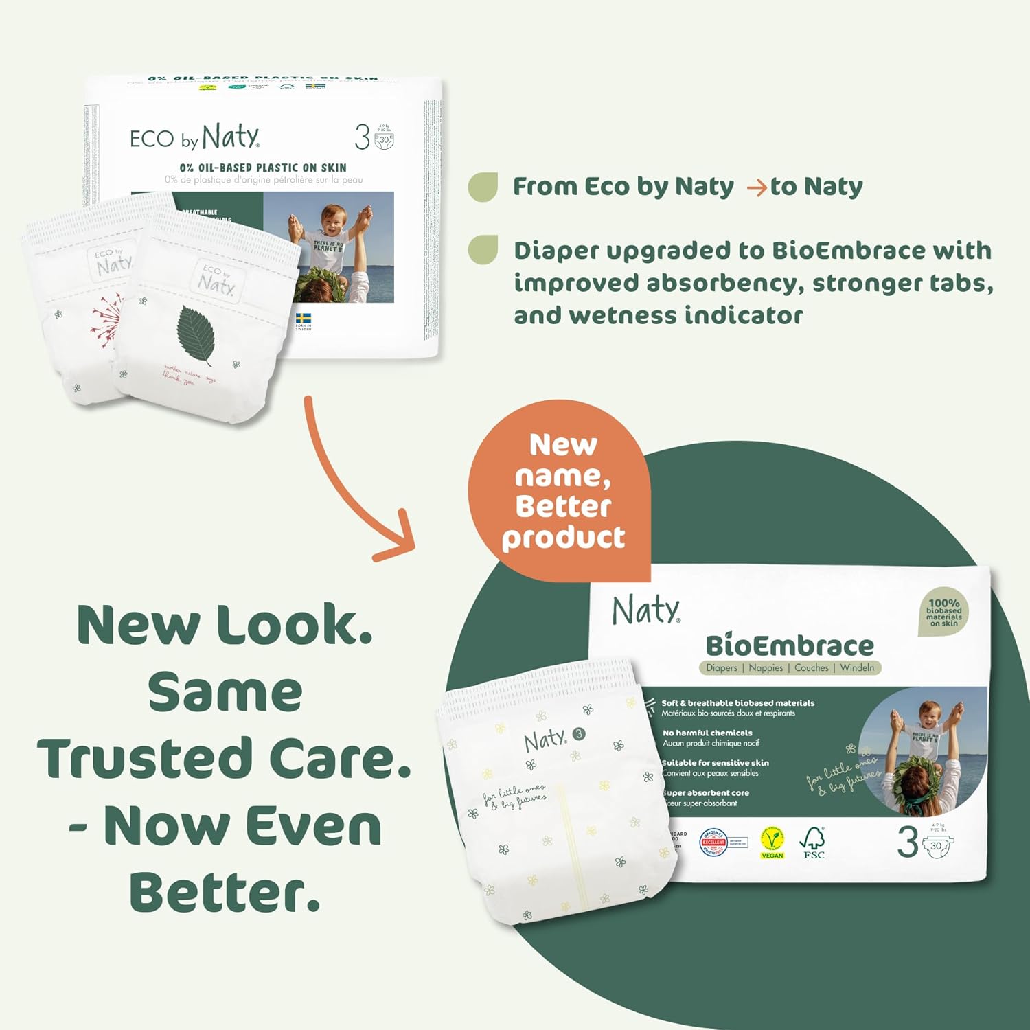 Naty Bioembrace Baby Diapers Size 3 (9–20 Lbs) | 100% Biobased On Skin | Plant-Based Softness | Dermatologically Tested, Super Absorbent | 100 Count