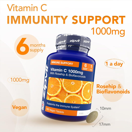 Zipvit Vitamin C 1000Mg, 180 High Strength Vitamin C Tablets With Rosehip & Bioflavonoids, Vegan Vit C Supplement, Supports The Immune System And Reduction Of Tiredness And Fatigue