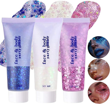 3 Pcs Body Glitter Gel, Face Glitters Body Gel Sequins Shimmer Liquid Eyeshadow, Mermaid Sequins Liquid Holographic Glitter Gel, Chunky Glitter For Face Hair Nails(Blue/White/Pink)