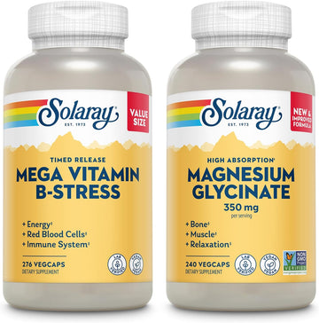 Solaray Mega Vitamin B Stress And Magnesium Glycinate 350Mg Bundle - Timed Release Vitamin B Complex W/Vit C, Chelated Magnesium Bisglycinate - Energy, Relaxation And Immune Support, Vegan, 276/240Ct