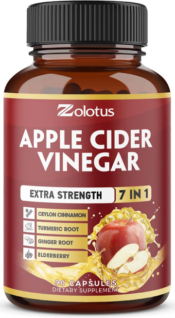 Zolotus 7 In 1 Apple Cider Vinegar Capsules, Equivalent To 3650Mg, 3 Month Supply With Ceylon Cinnamon, Ginger Root, Turmeric, Elderberry, Best Supplement For Digestion, Immune