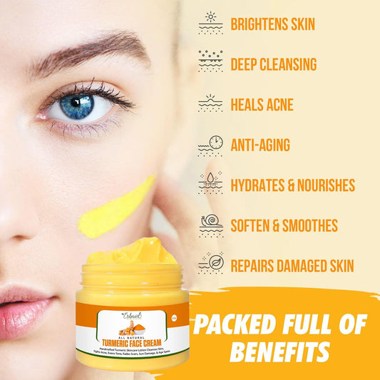 Turmeric Face Cream For Face & Body - All Natural Turmeric Skin Brightening Lotion - Turmeric Cleanses Skin, Fights Acne, Evens Tone, Fades Scars, Sun Damage Made In The Usa 2 Oz