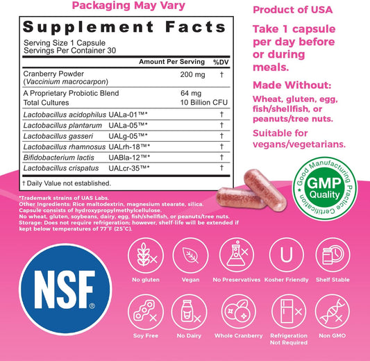 Nutricelebrity Nutriflora-Pro Probiotics For Women - Support Vaginal, Urinary Health (Uti), Digestive System, Period Pain, Yeast, And Bv Relief, Cranberry Pills, 10 Billion Cfu 6 Strains (30 Caps)