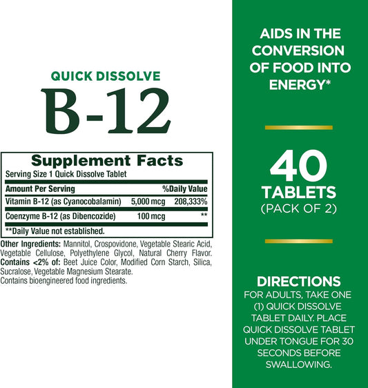 Nature'S Bounty Vitamin B12, Quick Dissolve Vitamin Supplement, Supports Energy Metabolism And Nervous System Health, 5000Mcg, 40 Tablets (Pack Of 2)