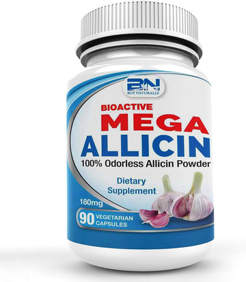 100% Mega Allicin Stabilized Patented Allicin From Garlic | Powerful 180,000Mcg (180Mg) 90 Vegetarian (Vcaps) Odor-Controlled, Non-Gmo, Gluten-Free | Derived From Allium Sativum (90 Count)