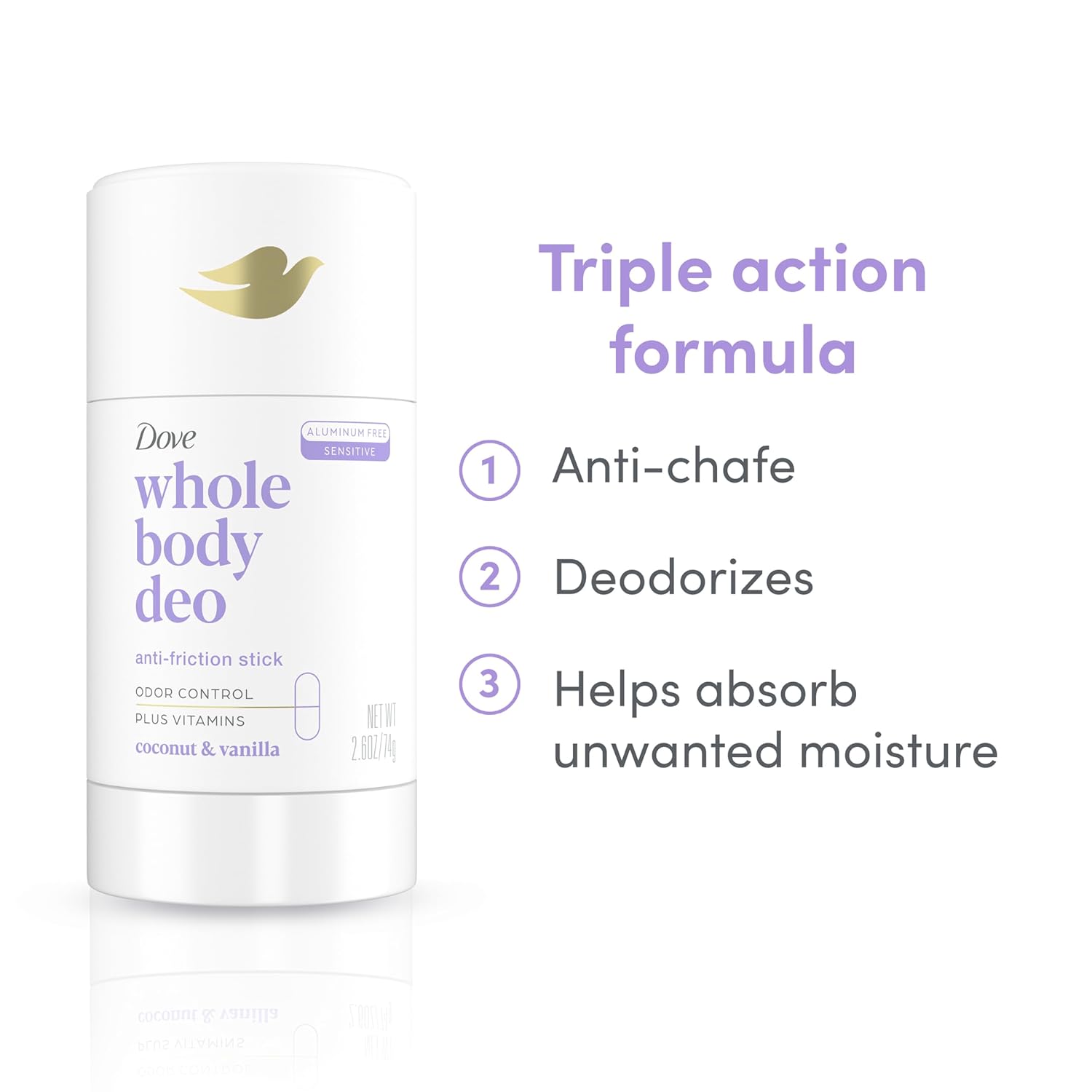 Dove Whole Body Deo Aluminum Free Anti-Friction Deodorant Stick Coconut + Vanilla For All Day Odor Control 2.6 Oz : Beauty & Personal Care