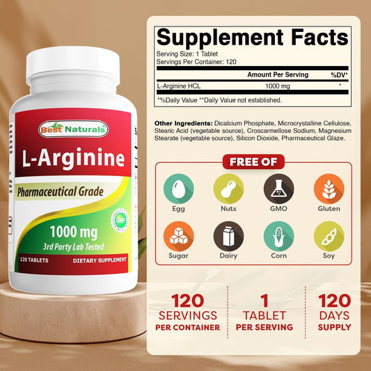 (New Improved Formula) Best Naturals L-Arginine 1000 Mg 120 Tablets - Pharmaceutical Grade L Arginine Supplement Promotes Nitric Oxide Synthesis