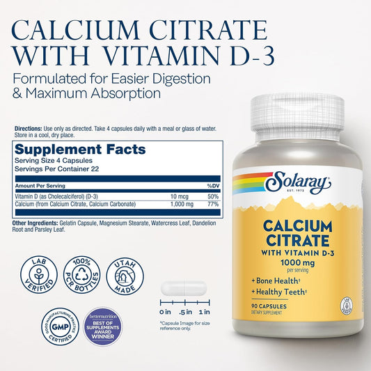 Solaray Calcium Citrate With Vitamin D3 1000Mg - Bone Strength And Healthy Teeth Support - Gentle Digestion Formula - Lab Verified, 60-Day Guarantee - 15 Servings, 90 Capsules