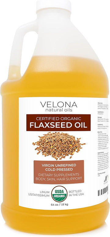 velona USDA Certified Organic Flaxseed Oil - 64 oz | 100% Pure and Natural Carrier Oil | Unrefined, Cold Pressed