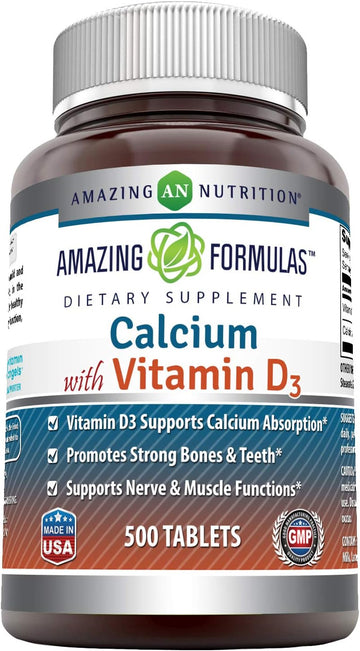 Amazing Formulas Calcium With Vitamin D3 500 Tablets Supplement | Non-Gmo | Gluten Free | Made In Usa