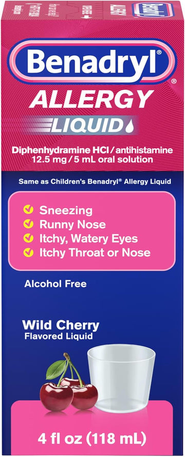 Benadryl Allergy Relief Liquid Medicine, Allergy Liquid For Adults With Diphenhydramine Hcl Antihistamine For Relief For Symptoms Due To Hay Fever, Alcohol-Free, Wild Cherry, 4 Fl. Oz