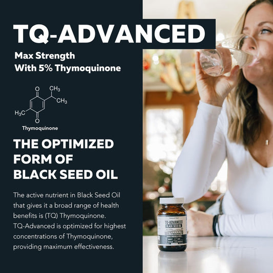 Black Seed Oil Capsules | 5% Thymoquinone - TQ-Advanced? | Maximum Strength - 500 mg of Oil per Capsule - 15:1 Oil Concentrate from Nigella Sativa, Raw Form, Vegan, Glass Bottle (60 Capsules)