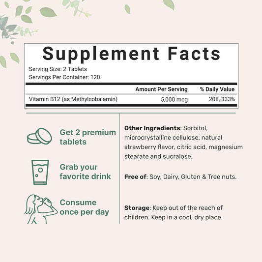 Micro Ingredients Vitamin B12 5000Mcg | Methyl B12 Active Form – 240 Chewable Tablets | Fast Dissolve, Natural Strawberry Flavor, Support Energy, Metabolism Health | Vegan, Non-Gmo, & No Glute