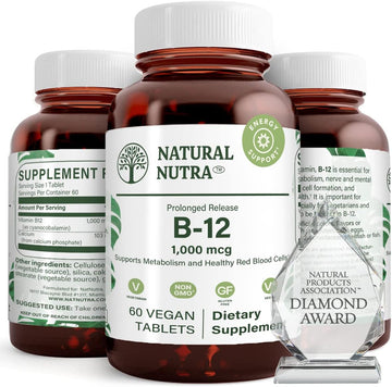 Natural Nutra Vitamin B12 1000 Mcg, Cobalamin B 12 Supplement, Calcium Phosphate, Help In Metabolism Health, Optimal Absorption, Gluten Free, Sugar Free, 60 Vegan Tablets