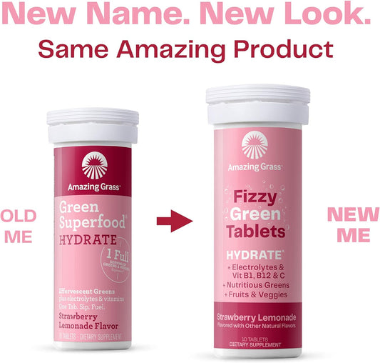 Amazing Grass Electrolyte Tablets, Fizzy Greens Water Flavoring Tablet With Vitamins, Hydrate Strawberry Lemonade, 10 Count (Pack Of 3)