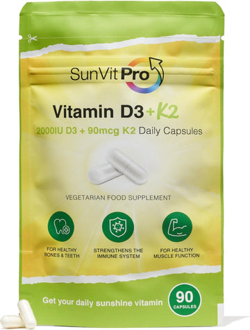 Sunvit-Pro Vitamin D 2000Iu And Vitamin K2 Mk7 90Mcg Capsules - Vitamin D3 K2 High Strength Vegetarian And Uk Manufactured - Support The Maintenance Of Bone, Teeth, Muscle & Immune System, 90 Capsules