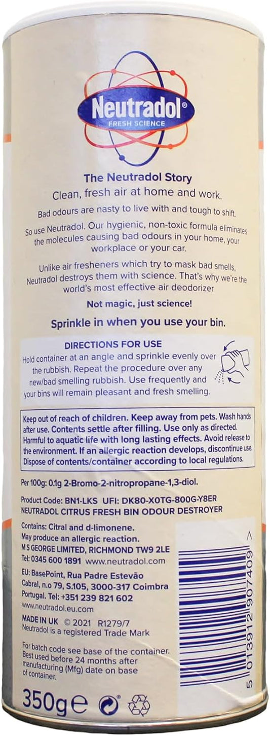 Neutradol Dustbin Odour Destroyer, Bin Freshener Deodorising Powder, Odour Eliminator For Indoor & Outdoor Bins, Citrus Fresh Multipack Of 6 X 350G