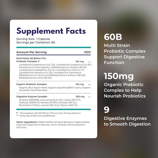 60 Billion Probiotic Supplement - Digestive Enzymes With Probiotics And Organic Prebiotics - Constipation Relief For Adults - Bowel Movement Supplements - Ideal For Easing Ibs - 30 Caps