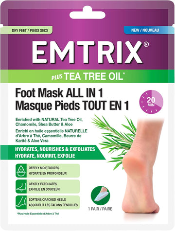 Emtrix Foot Mask Socks All In 1, Moisturising Foot Mask With Natural Tea Tree Oil, Designed To Hydrate, Exfoliate & Soften Cracked Heels In 20 Minutes For Baby Soft Feet - (1 Pair)