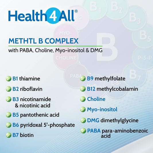 Methyl B Complex 60 Capsules (V) (Not Tablets) With Methylcobalamin, Methyl Folate, P5P, Choline, Myo-Inositol, Dmg And Paba For Stress Support, Energy And Methylation. Made In Uk By Health4All