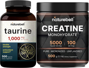 Naturebell Creatine Monohydrate Powder & Taurine Capsules 1,000Mg Per Serving Bundle Pack | High Absorption Micronized Creatine | Essential Amino Acids Supplement