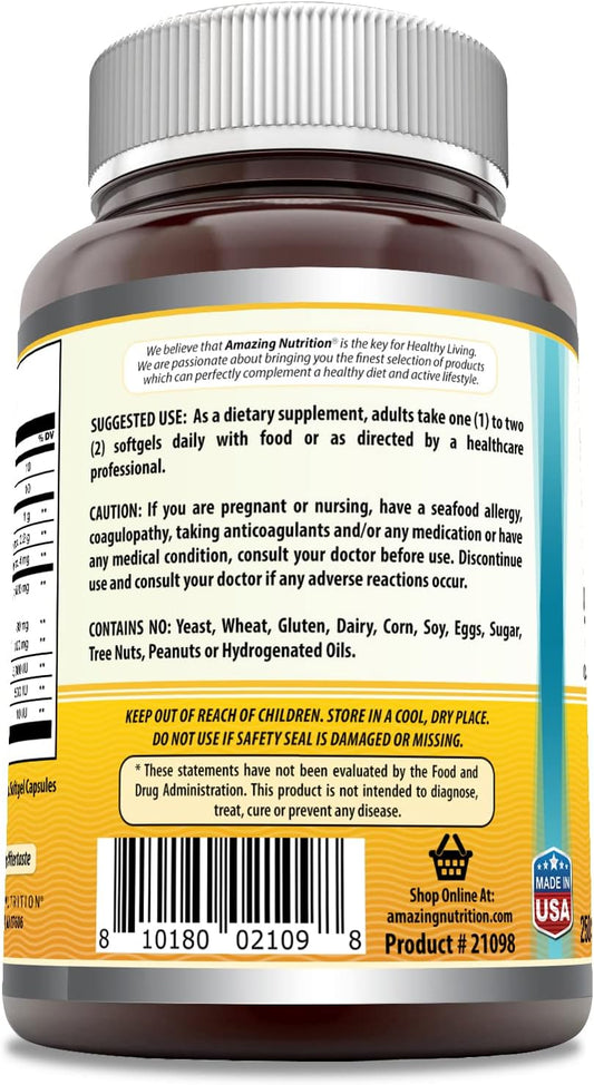 Amazing Omega Norwegian Cod Liver Oil 1000 Mg 250 Softgels | Lemon Flavor