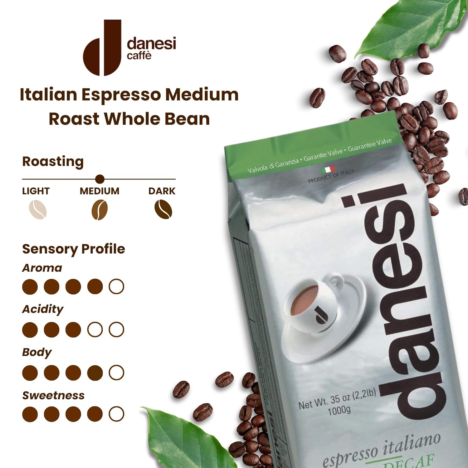 Danesi Caffe Italian Whole Coffee Beans - Espresso Coffee Beans And Medium Roast Whole Bean - Perfect For Espresso Machines, French Press, And Home Brewing - Decaf (2.2 Lb)