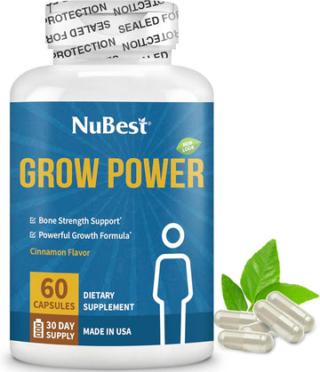 Nubest Grow Power - Bone Strength Supplement With Calcium, Magnesium, Vitamin D3, Zinc For Age 10+ - Helps Bone Health, Brain Growth, Immunity - Free Of Growth Hormone - 60 Capsules