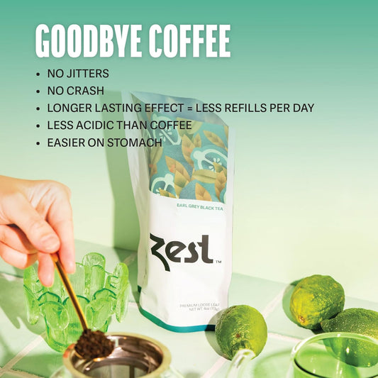 Zest 150Mg High Caffeine Energy Leaf Blend - Earl Grey Black Tea - 20 Pack Bag - Hot Or Iced - All Natural Strong Flavored Healthy Coffee Alternative Highly Caffeinated Substitute - Perfect For Keto