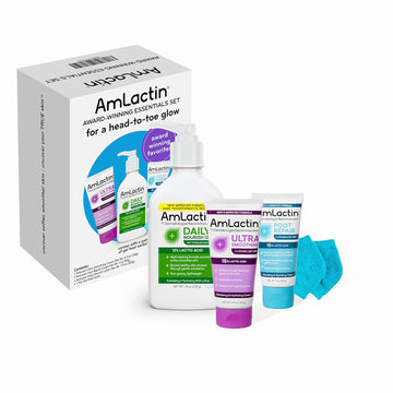 Amlactin Award-Winning Essentials Skin Care Set - Daily Nourish 12% Lotion, Ultra Smoothing Cream, Foot Repair Cream & Moisturizing Socks - Lactic Acid Moisturizer Gift Set For Whole-Body Skin Renewal