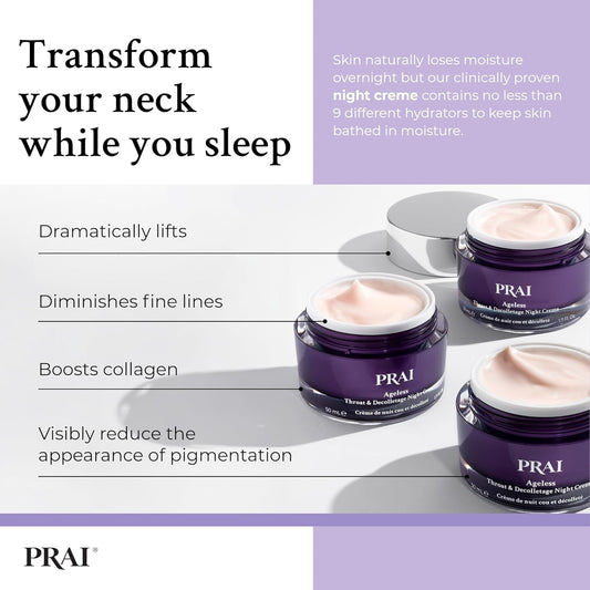 Prai Ageless Throat & Decolletage Night Creme 118Ml - Moisturising & Hydrating Formula, Two Types Of Retinol - Brightens & Firms Skin - Anti-Ageing, Anti-Wrinkle Cream - Overnight Recovery Skincare