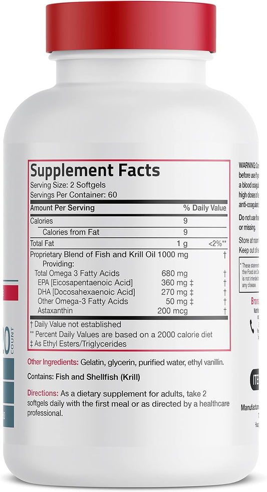 Bronson Omega-3 Fish + Krill Oil 1000 MG EPA DHA Astaxanthin Premium B