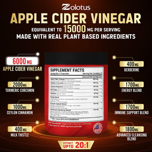 Zolotus 32 In 1 Apple Cider Vinegar Capsules, Equivalent To 15000Mg With Turmeric, Cinnamon, Milk Thistle, Elderberry, Quercetin, Best Supplement For Digestion, Immune 60 Capsules