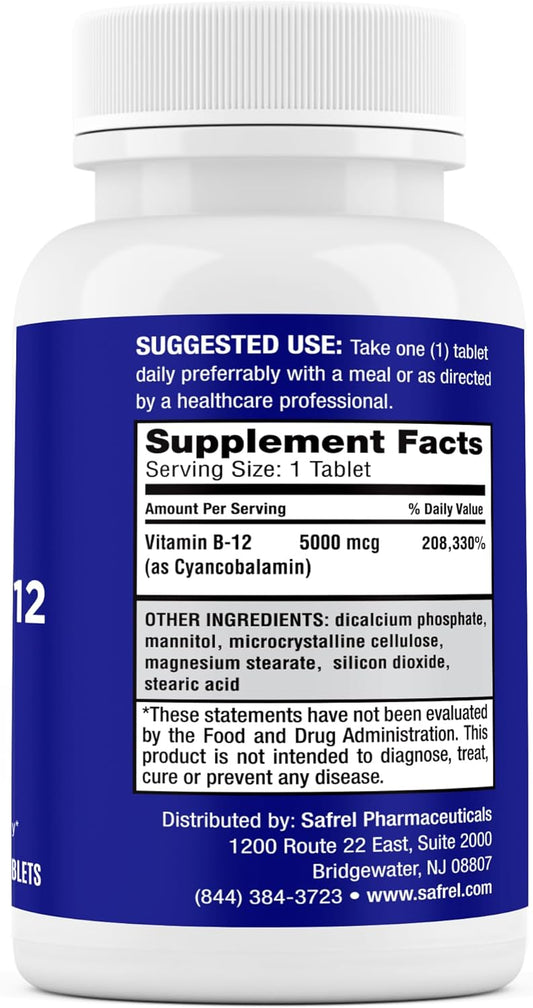 Safrel Vitamin B12 5000 Mcg Per Tablet, 200 Days Supply, Supplement For Energy, Metabolism And Nervous System Health Support, Vegan, Gluten Free And Dye Free | Made In Usa