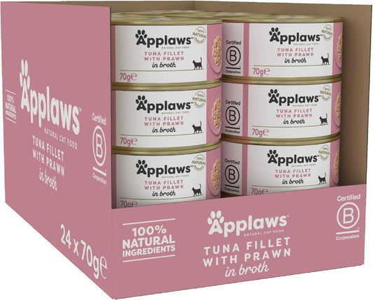 Applaws 100% Natural Wet Cat Food Tins, Tuna Fillet With Prawn In Broth 70 G For Adult Cats (24 X 70 G Tins)1008Ne-A