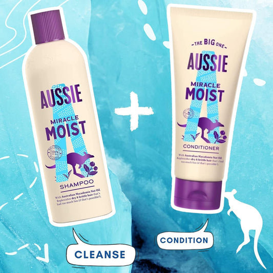 Aussie Miracle Moist Shampoo And Conditioner Set With Macadamia Nut Oil, For Dry And Brittle Hair, 2-Piece